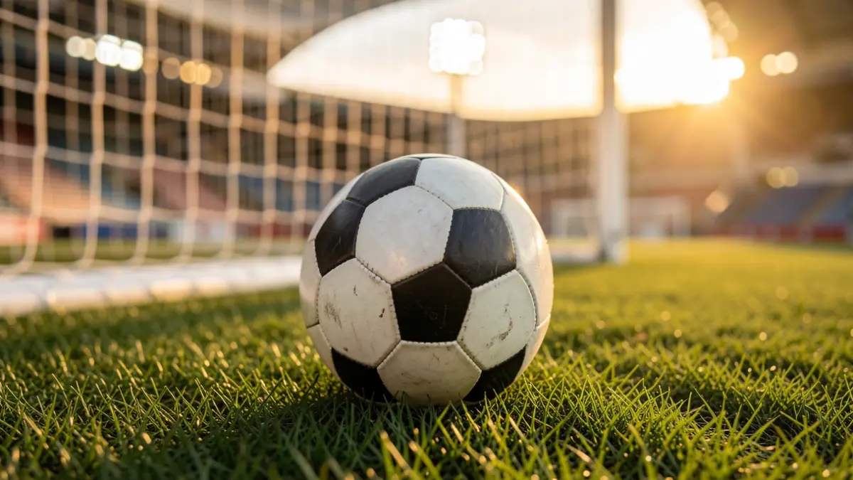 Imagen genérica de un balón de fútbol sobre césped con una portería desenfocada al fondo.