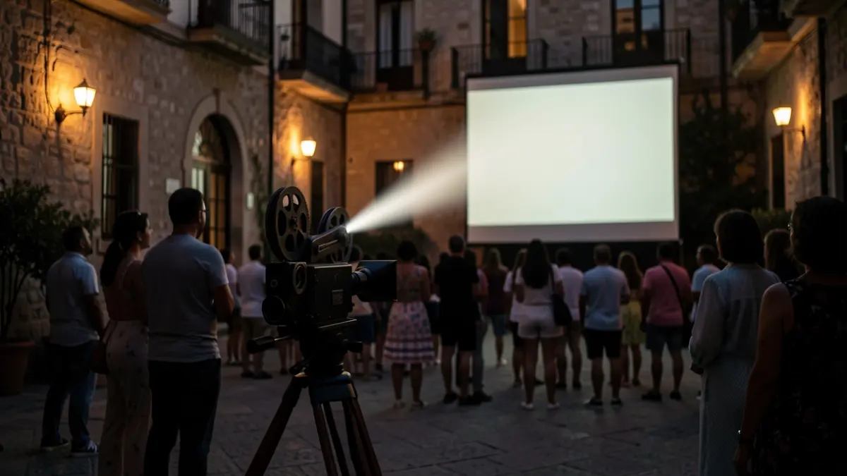 A 35mm film projector in a courtyard at dusk, casting light onto a blurred screen, with silhouettes of spectators.