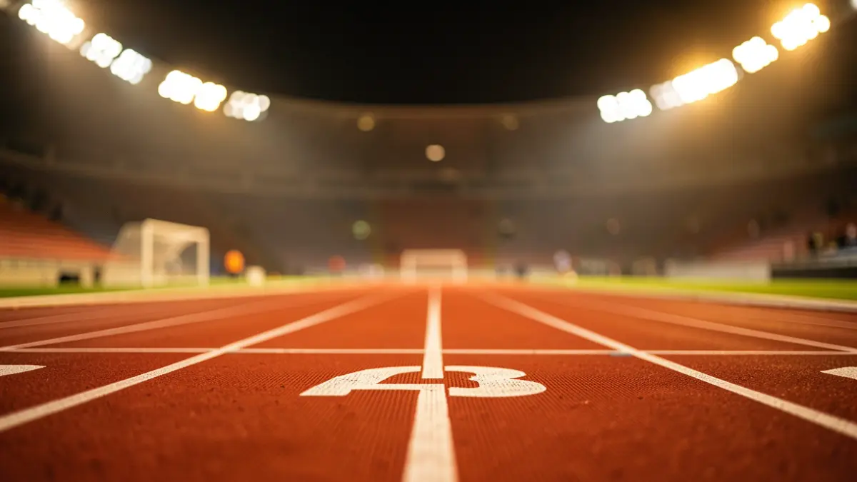 Generic starting line of an athletics track with blurred stadium lights.