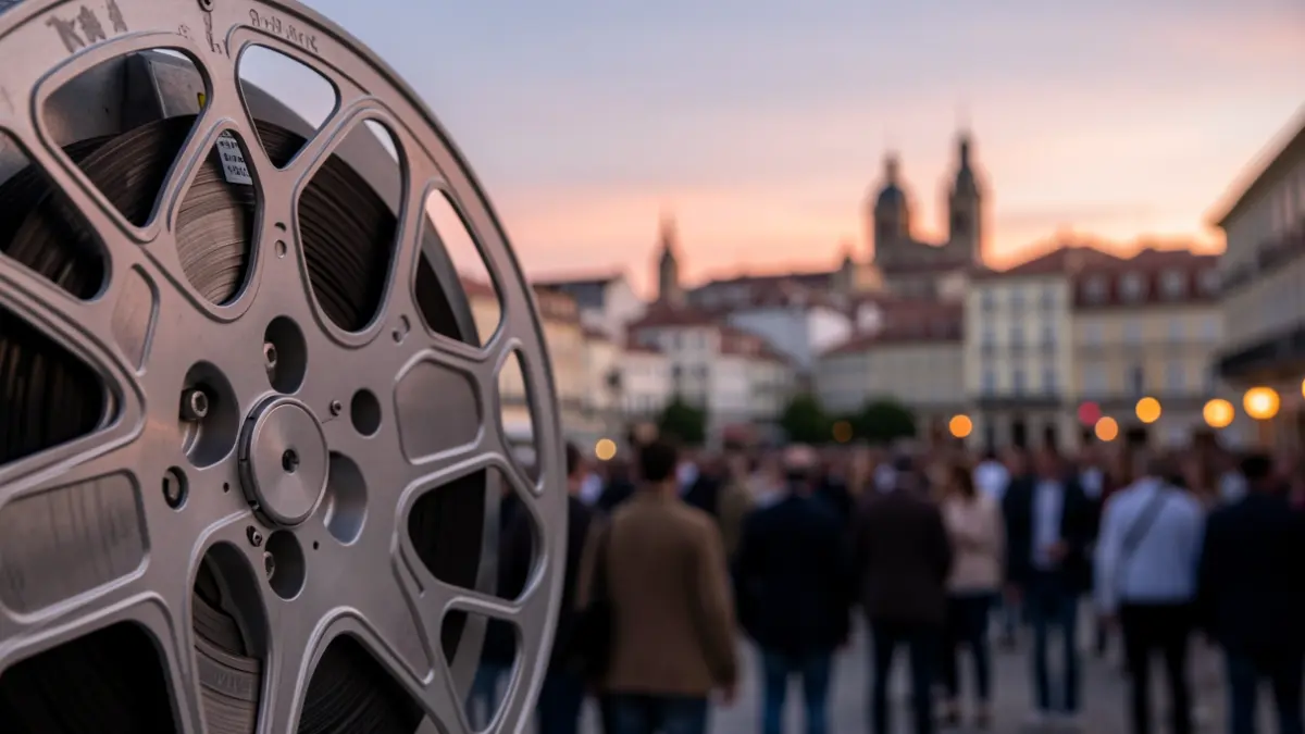 Close-up of a film reel with a Spanish city skyline at dusk.