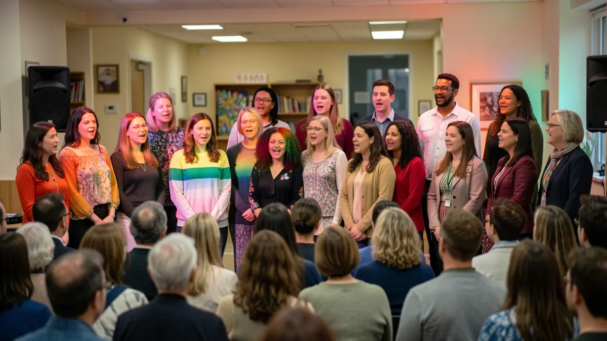 Imagen genérica de un coro diverso actuando en un centro comunitario.
