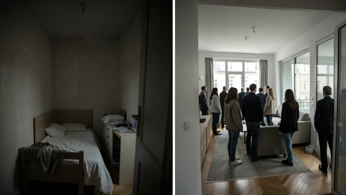 Imagen dividida que muestra un apartamento pequeño y austero junto a uno más moderno, simbolizando las decisiones residenciales por el coste del alquiler.