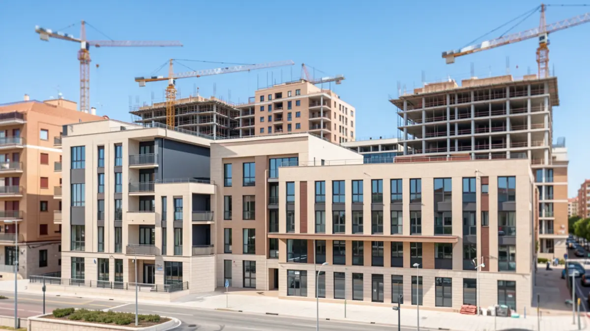 Facade of the CREAA complex in Alcorcón with several buildings and construction cranes.