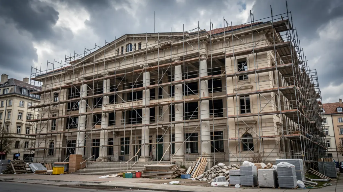 Facade of a large, unfinished cultural center with scaffolding and construction materials, under a dramatic cloudy sky, symbolizing long delays and potential rebirth.