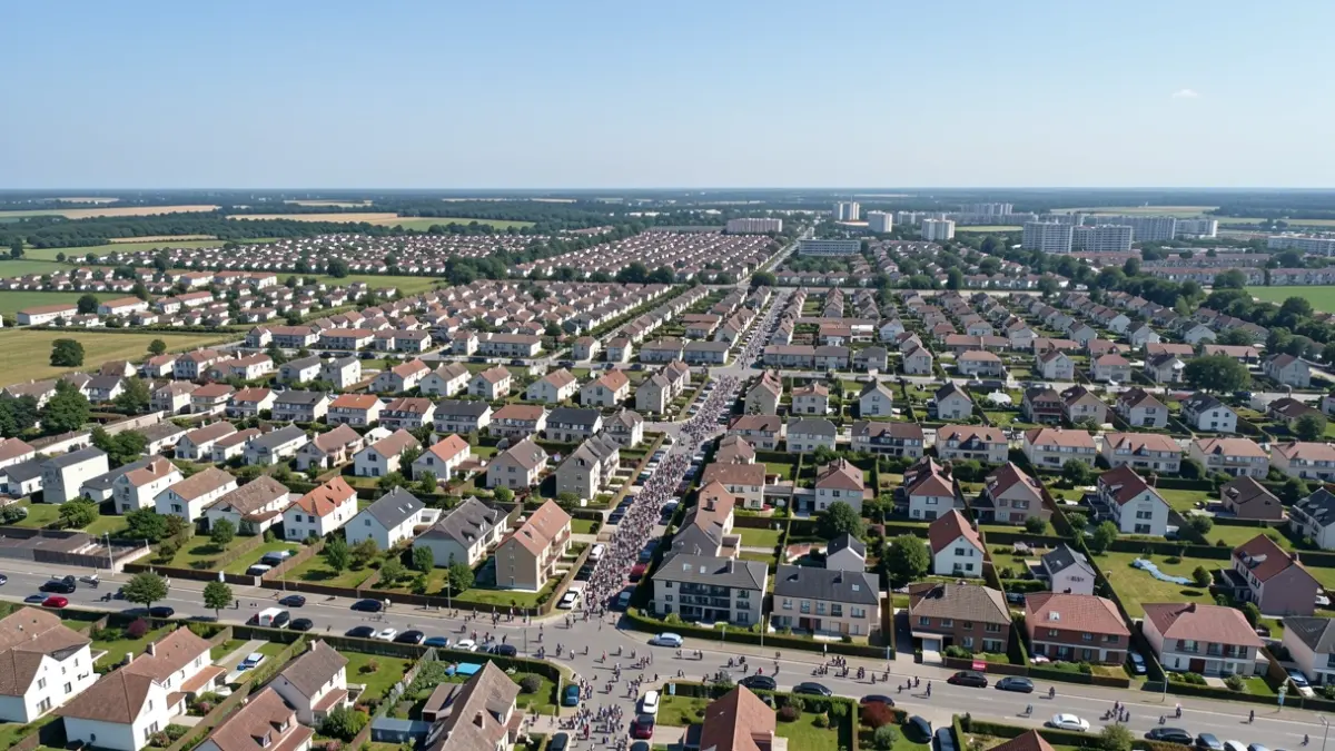Aerial view of a large European residential development with numerous houses and streets.