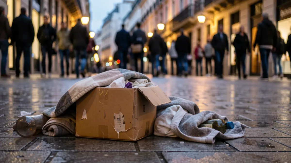Close-up of a cardboard box and personal belongings on a Madrid sidewalk at dusk, with blurred city lights in the background.