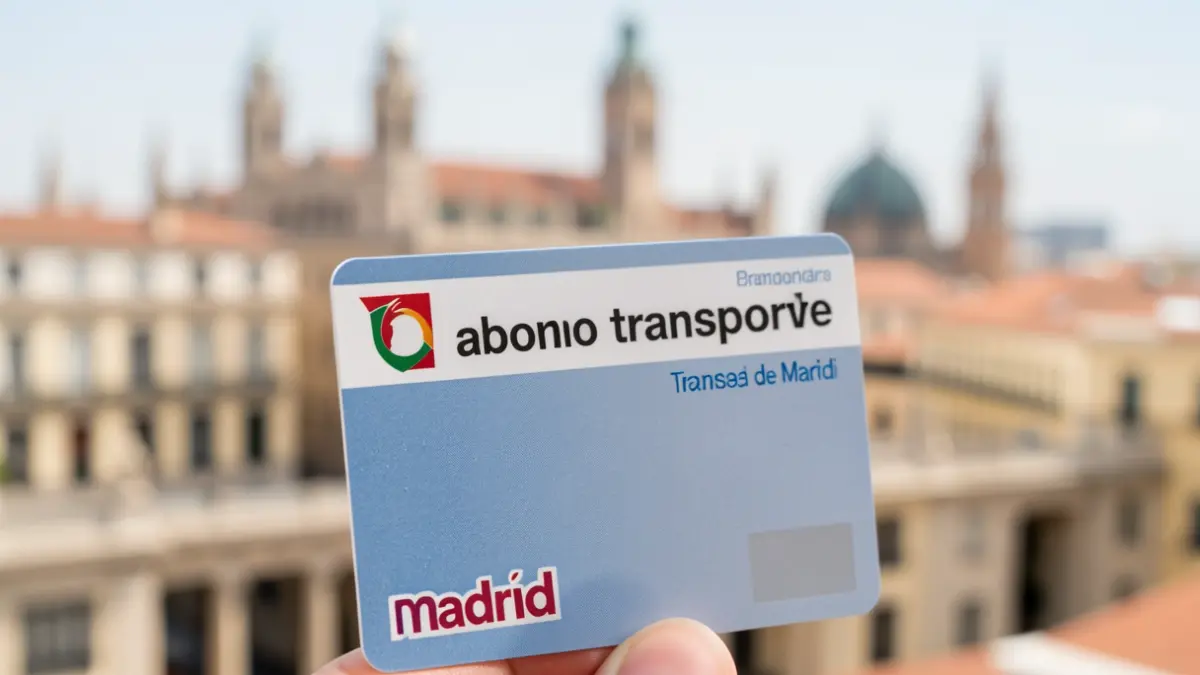 Primer plano de una tarjeta de abono transporte de la Comunidad de Madrid con el skyline de la región desenfocado al fondo.
