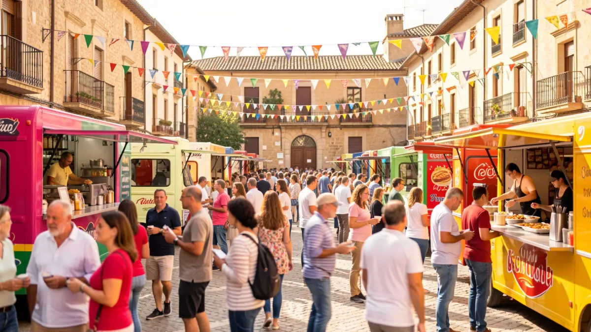 Imagen genérica de un festival gastronómico al aire libre en una plaza española con food trucks y gente disfrutando.