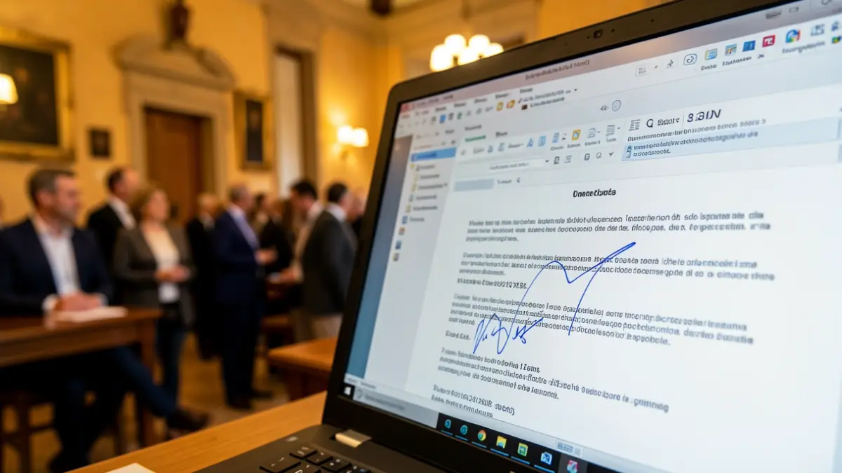 Close-up of an electronic signature being applied to a digital document.