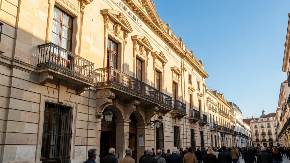 Facade of a town hall in the Community of Madrid with a balcony and iron railings, warm afternoon light.