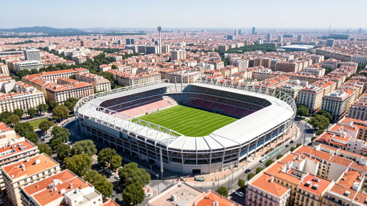 Vista aérea del estadio de Vallecas en Madrid durante obras de remodelación.