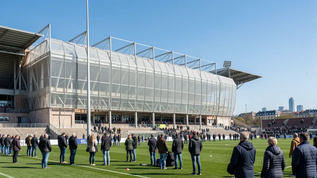Fachada moderna y translúcida del estadio de Vallecas con cielo azul.
