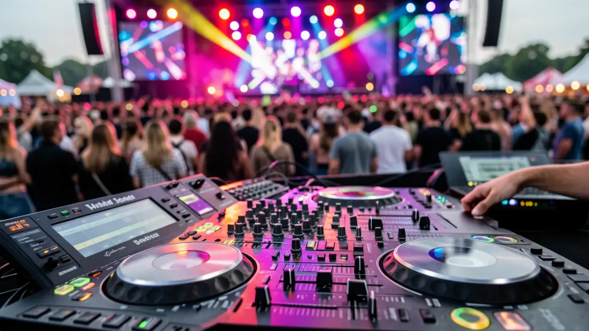 Imagen genérica de una mesa de mezclas en un festival de música electrónica.