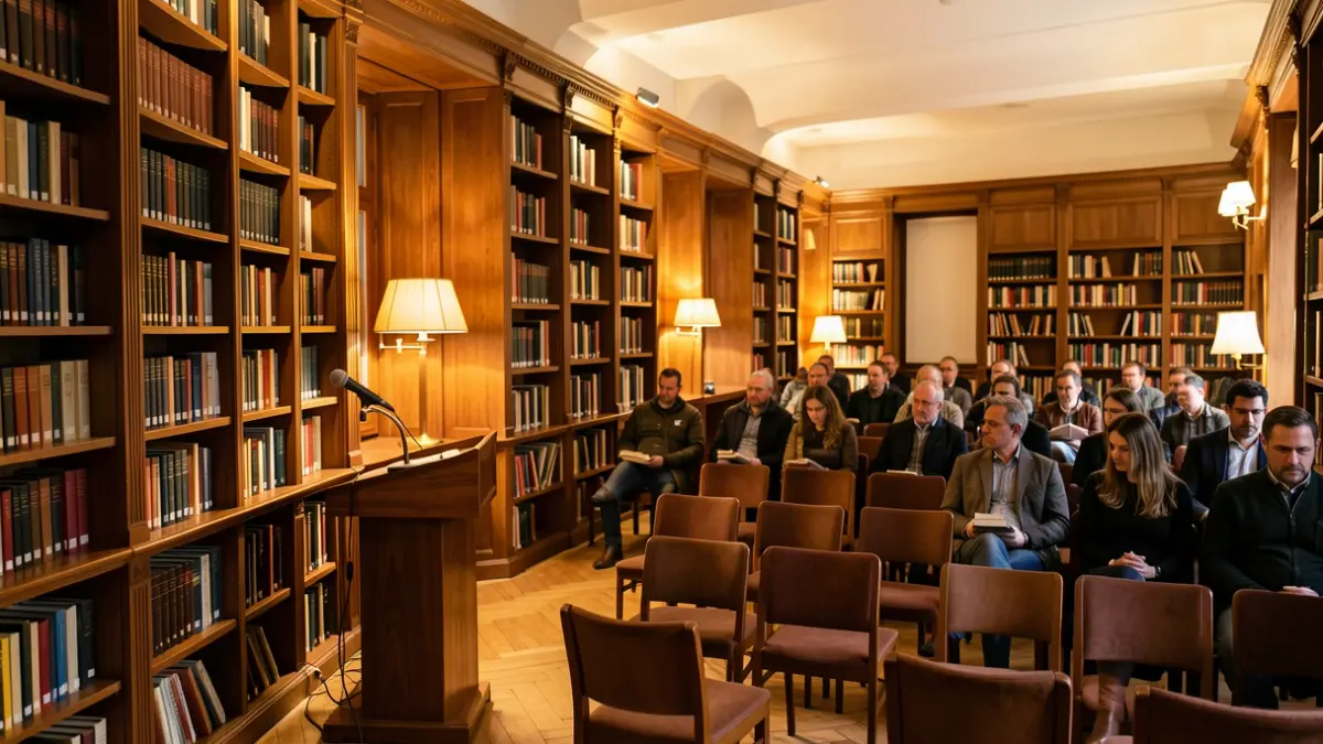 Stage prepared for a cultural event with a microphone and chairs in a lit room.