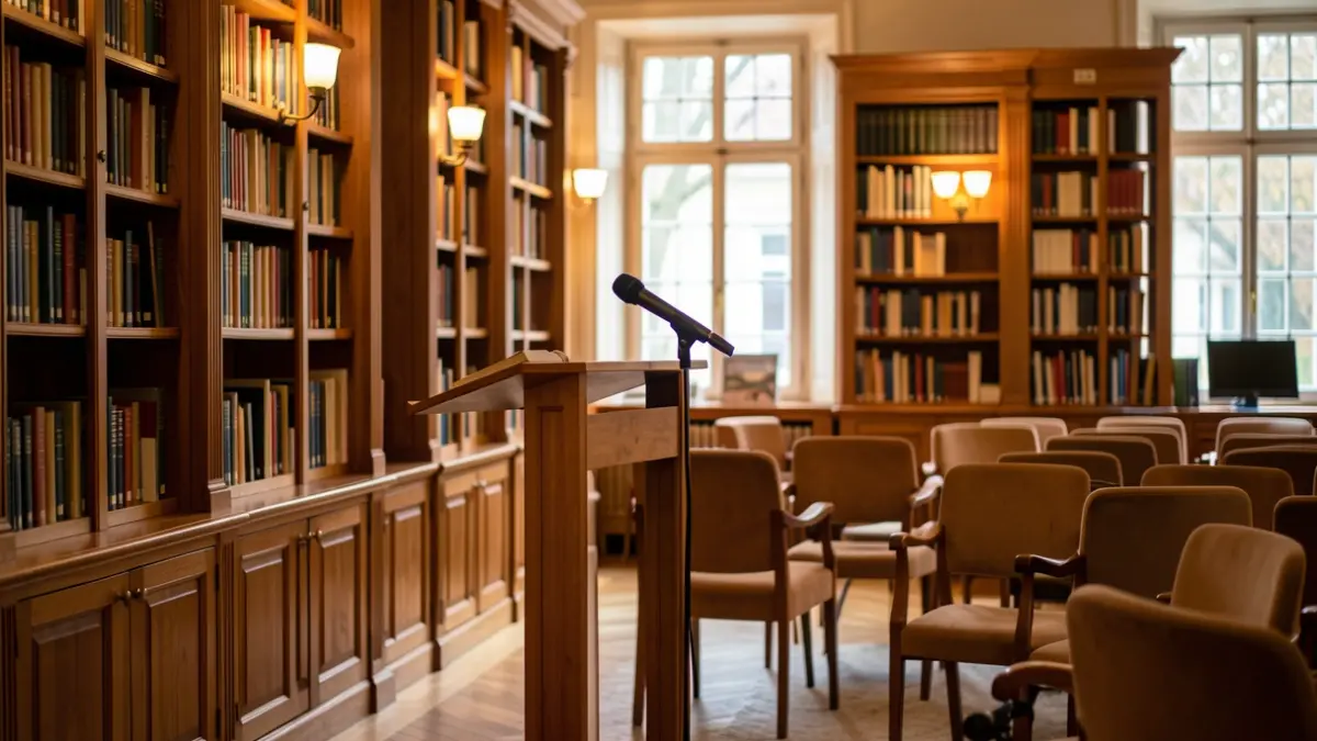 Generic image of a cultural space with a podium and chairs prepared for an event.