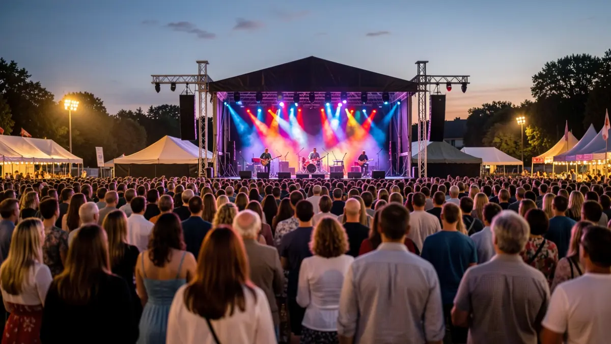 Generic image of an outdoor music festival with a lit stage and audience.