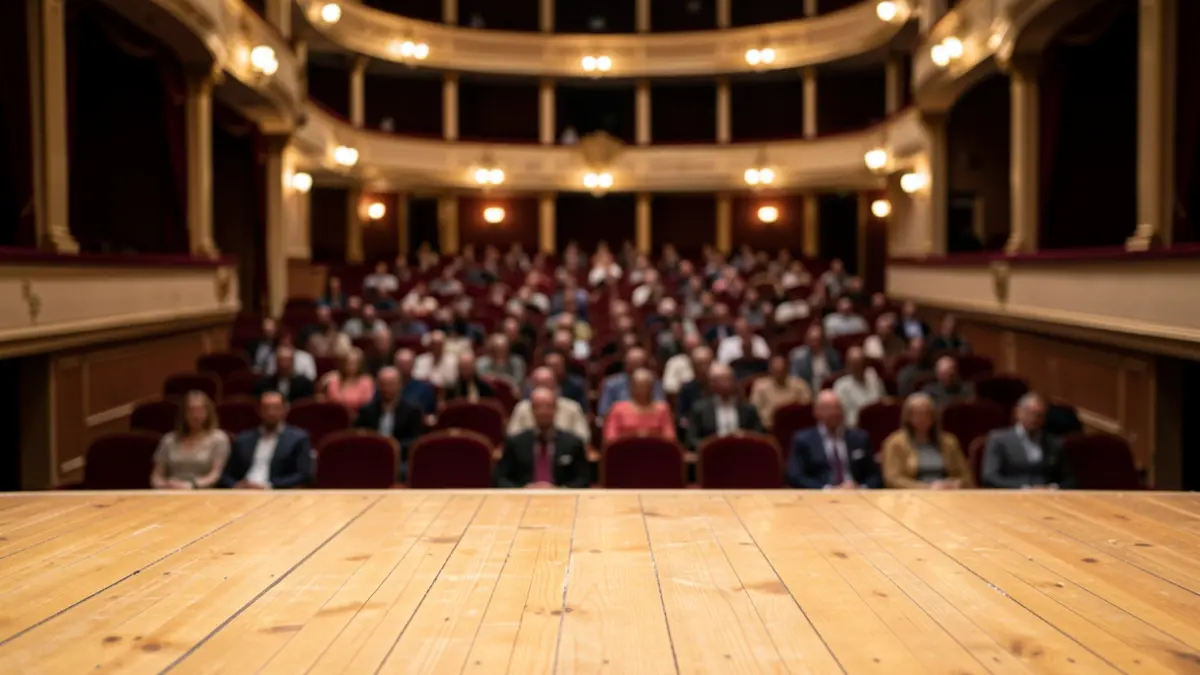 Escenario de un teatro con iluminación cálida y butacas desenfocadas.