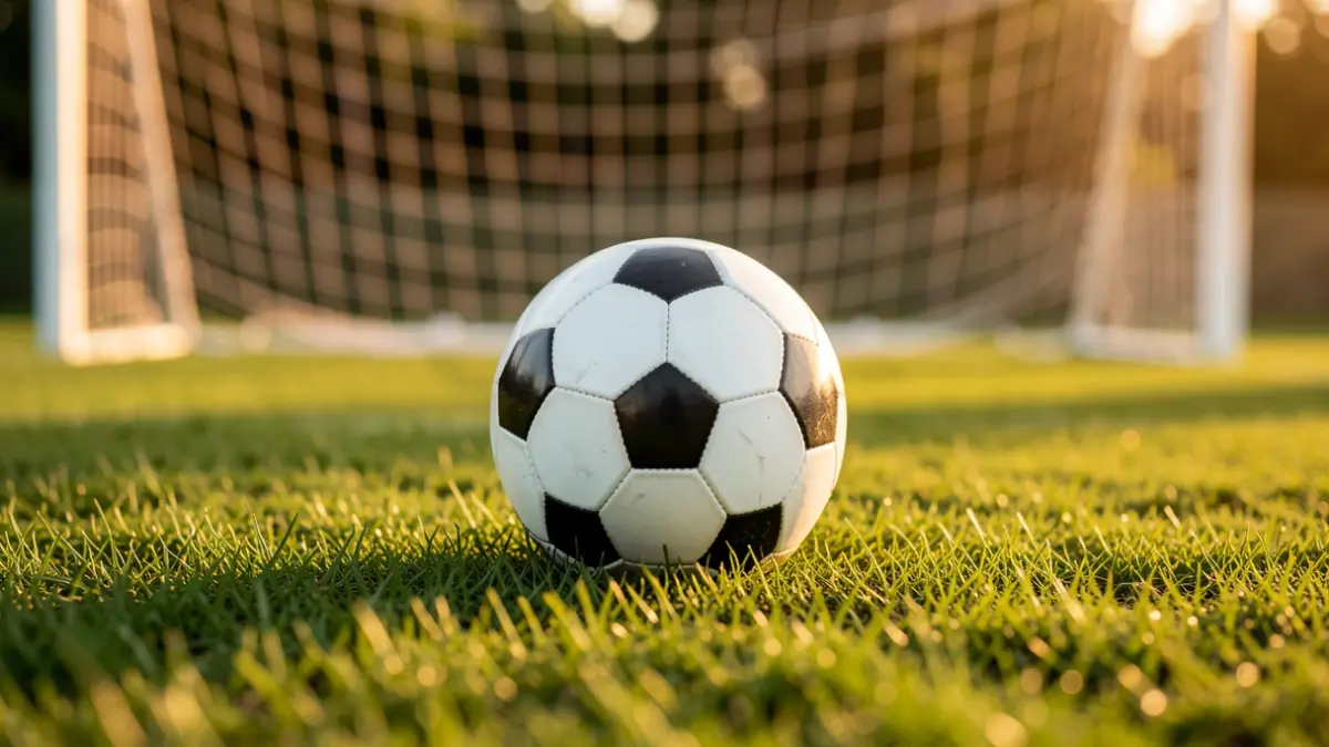 Pelota de fútbol sobre césped con la red de la portería desenfocada al atardecer.