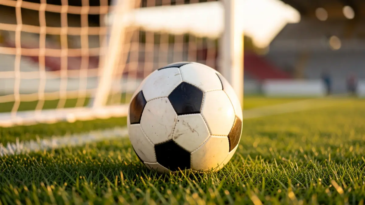Imagen genérica de un balón de fútbol sobre césped con la portería desenfocada.