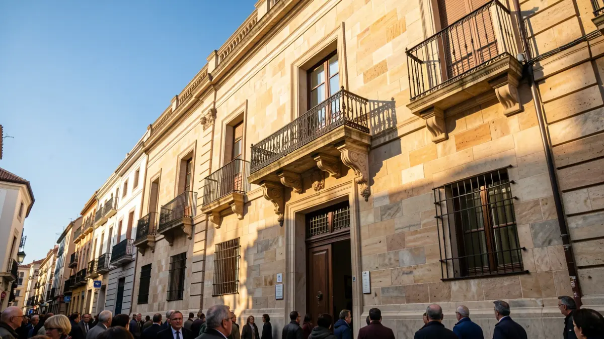 Facade of a town hall in the Community of Madrid with a balcony and iron railings, warm afternoon sunlight.