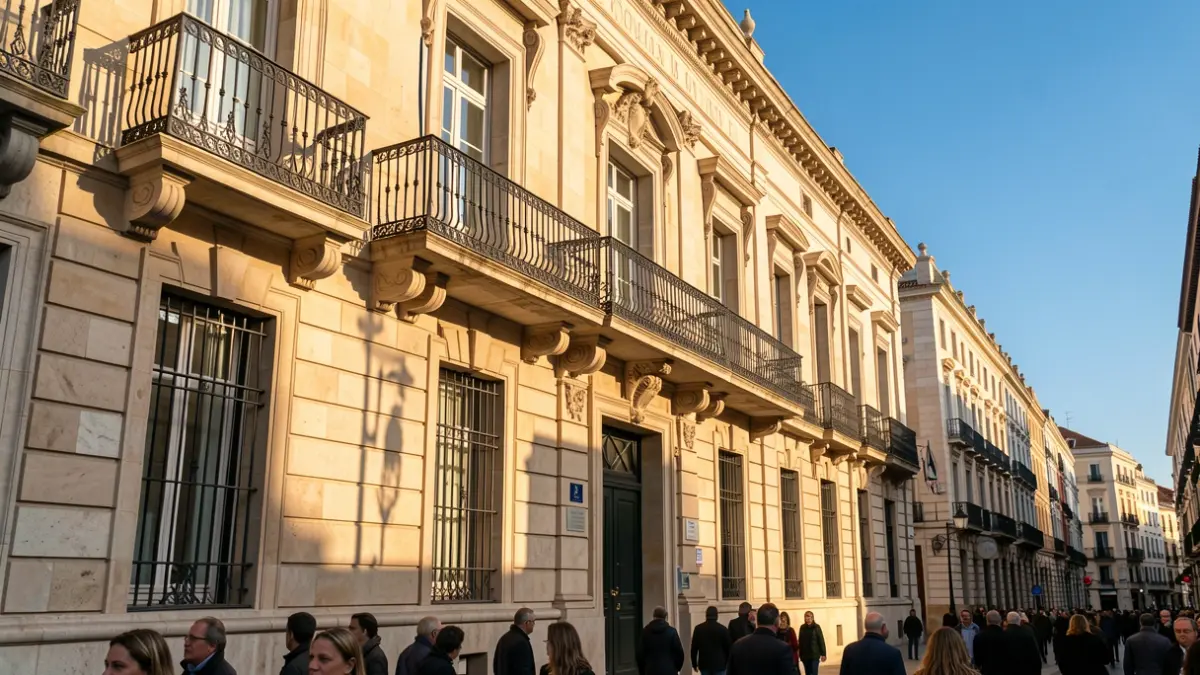 Facade of a town hall in the Community of Madrid with a balcony and iron railings, afternoon sunlight.