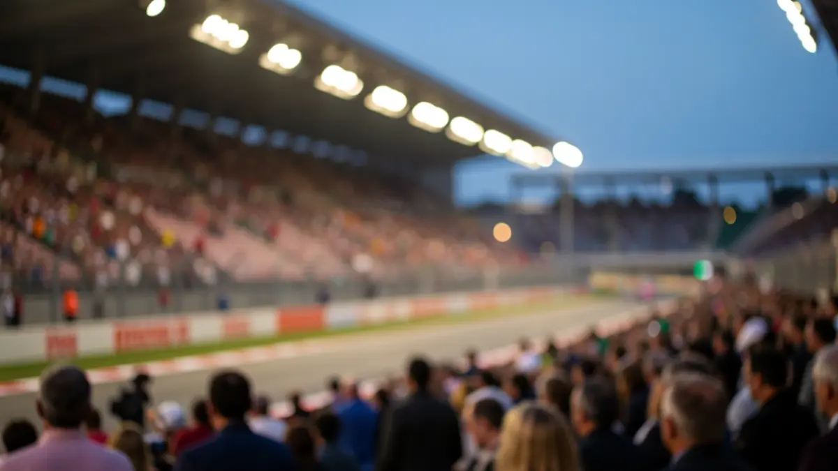 Generic image of a Formula 1 circuit in Madrid at dusk, with empty grandstands and stadium lights.