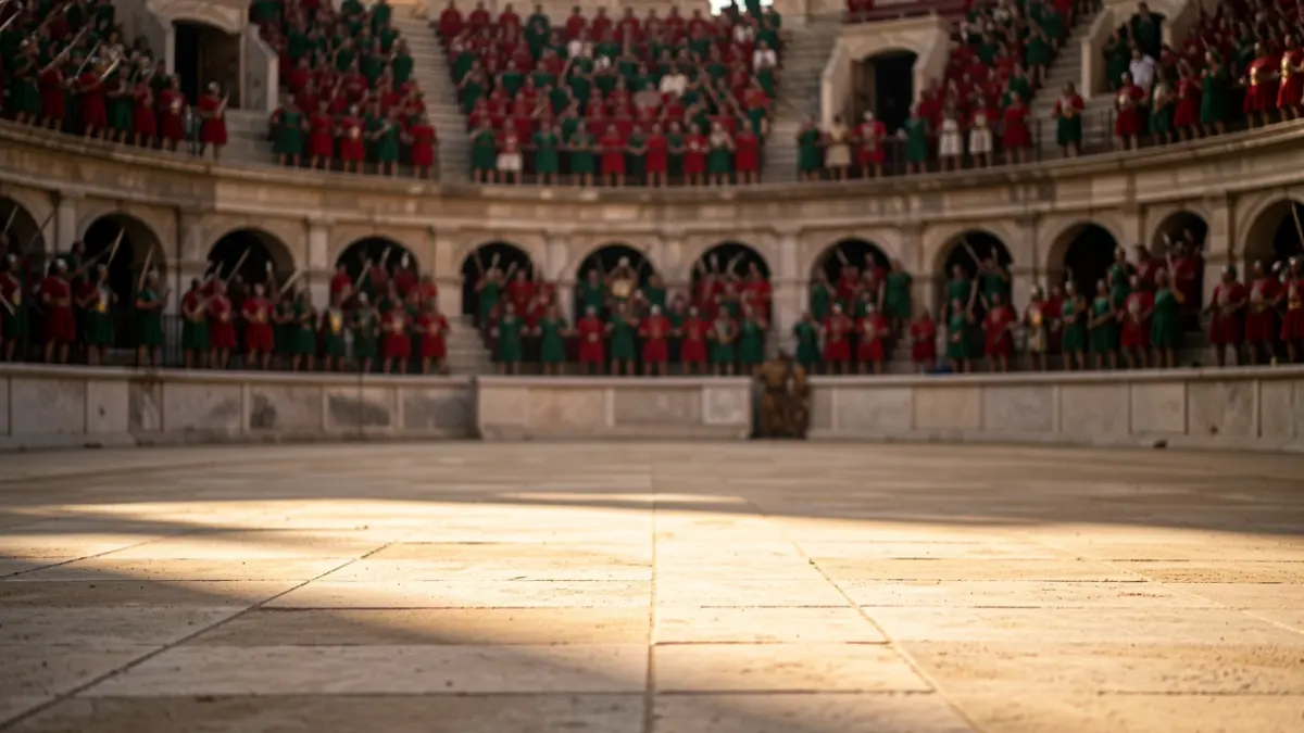 Recreation of a Roman amphitheater with the audience divided into red and green factions.
