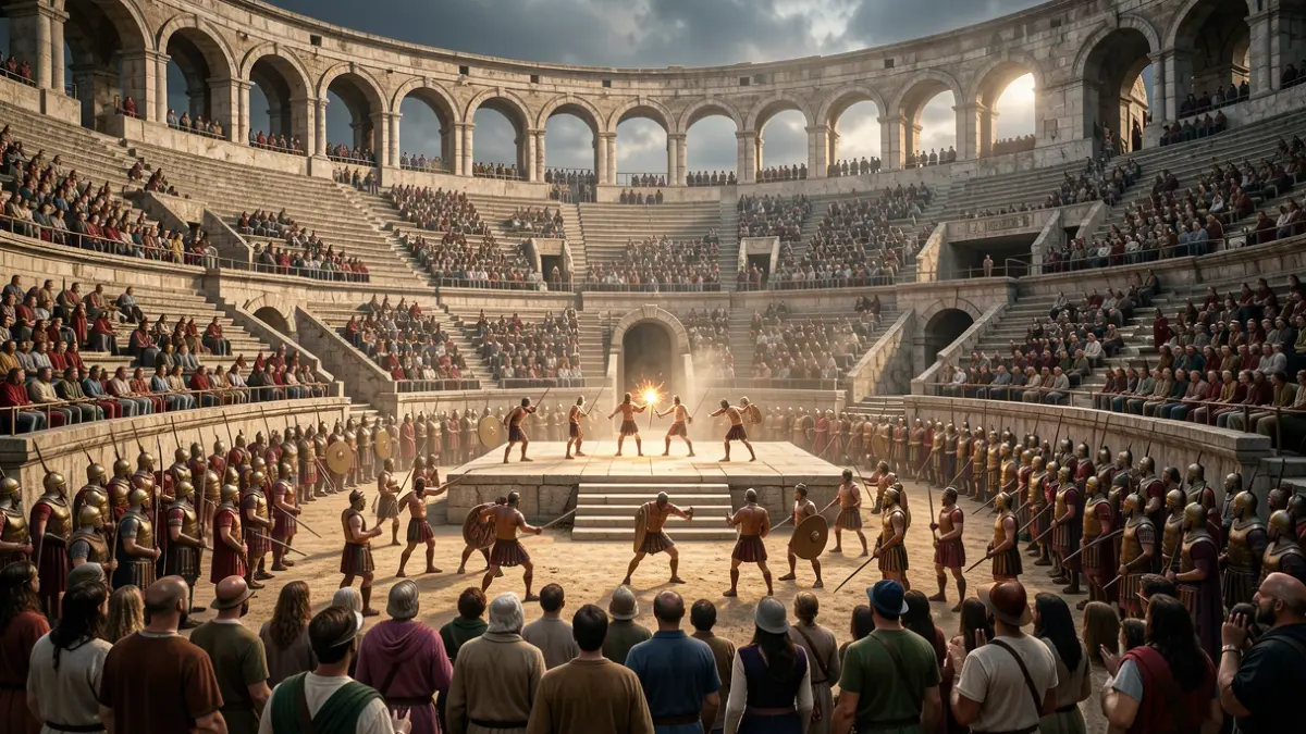 Recreation of a Roman arena with gladiators and spectators.