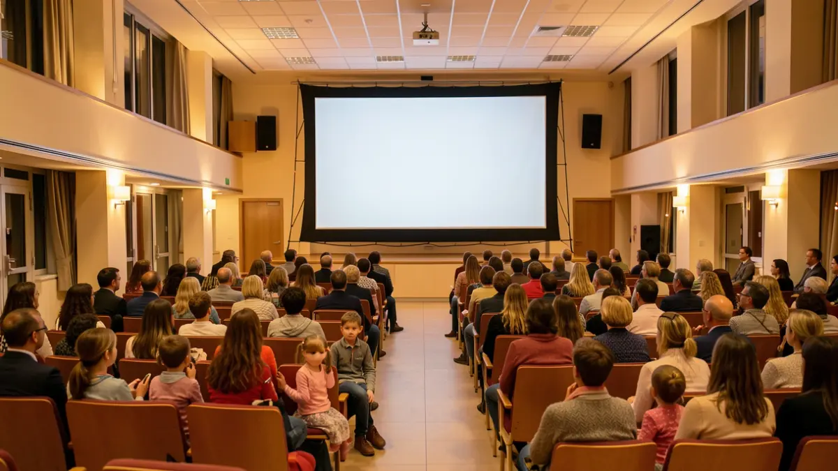 Image of a hospital auditorium set up for the premiere of a children's movie.