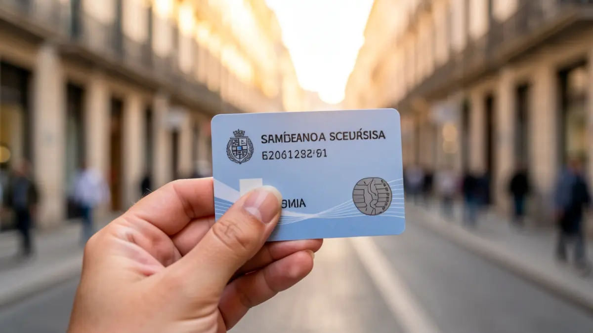 Generic image of a hand holding a Minimum Vital Income card with a Madrid urban background.