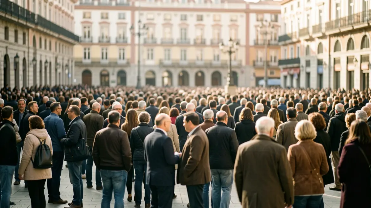 Crowd of people gathered in a square in Madrid during a public event.