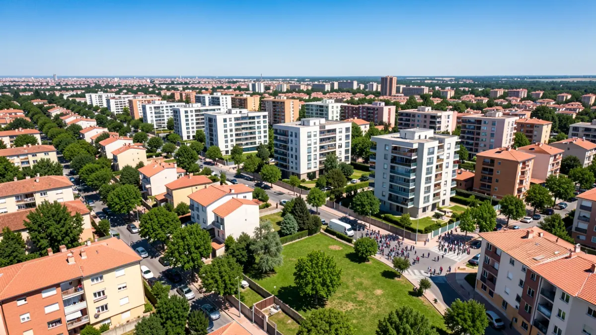 Aerial view of a residential neighborhood in Leganés with modern buildings and green spaces.