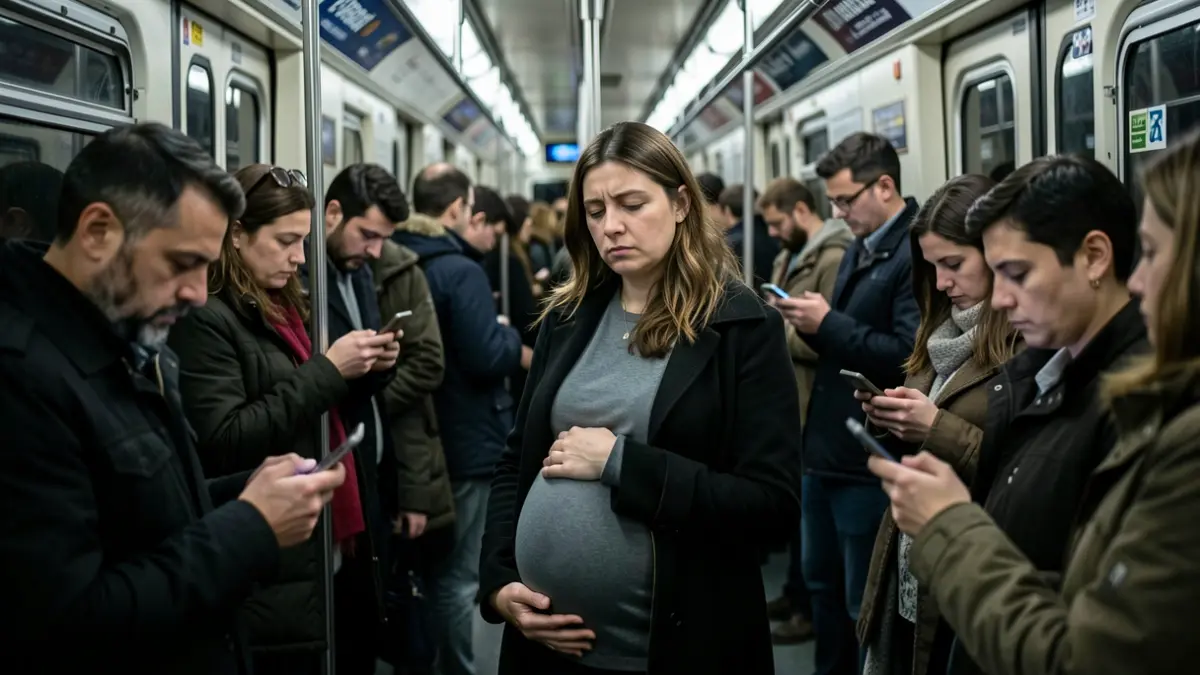 Imagen de una mujer embarazada en un vagón de metro abarrotado en Madrid, ignorada por los demás pasajeros.