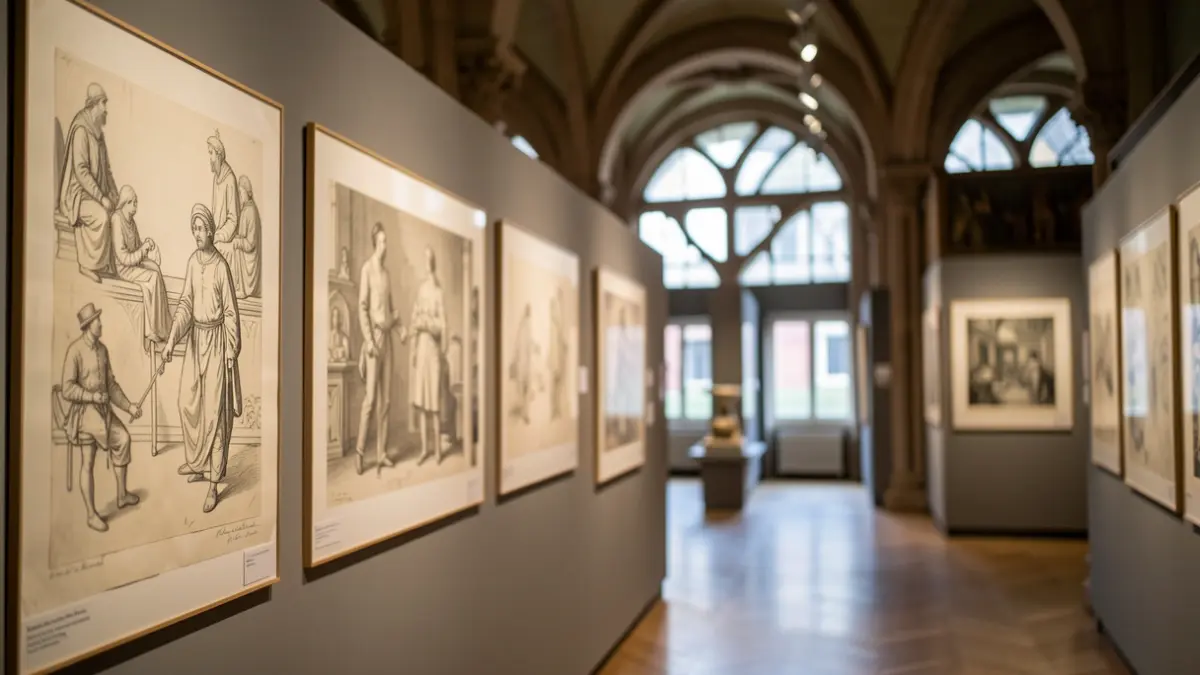 Interior de una sala de exposiciones de arte con dibujos históricos enmarcados y expuestos.