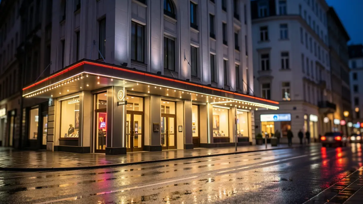 Facade of a modern musical theater with illuminated signage at night.