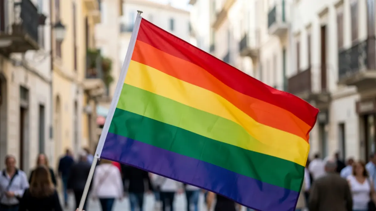 Generic image of a rainbow flag waving in an urban setting.