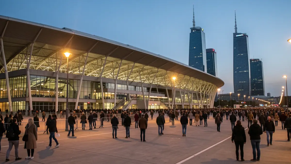 Imagen genérica del exterior de un pabellón deportivo en Madrid al anochecer, con las Cuatro Torres al fondo.