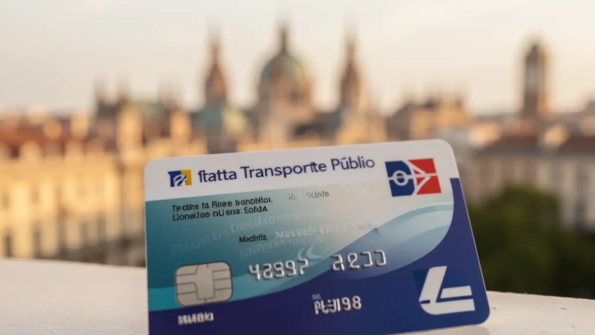 Primer plano de una Tarjeta Transporte Público de Madrid con el perfil de la ciudad difuminado al fondo.