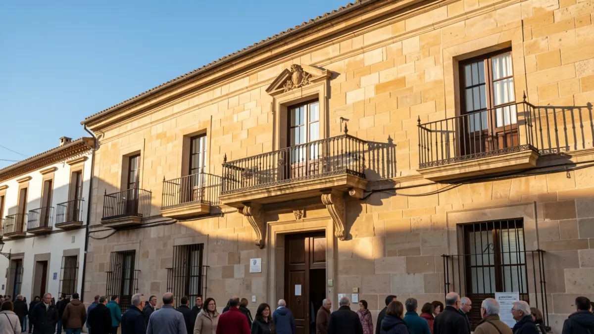Fachada de un ayuntamiento tradicional español con balcón y barandillas de hierro, bajo la luz del sol de la tarde.