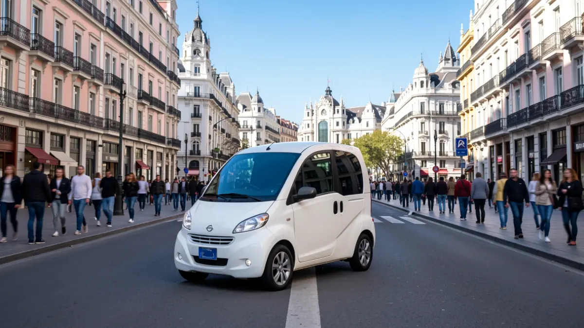 Papamóvil recorriendo una avenida de Madrid con edificios emblemáticos al fondo.