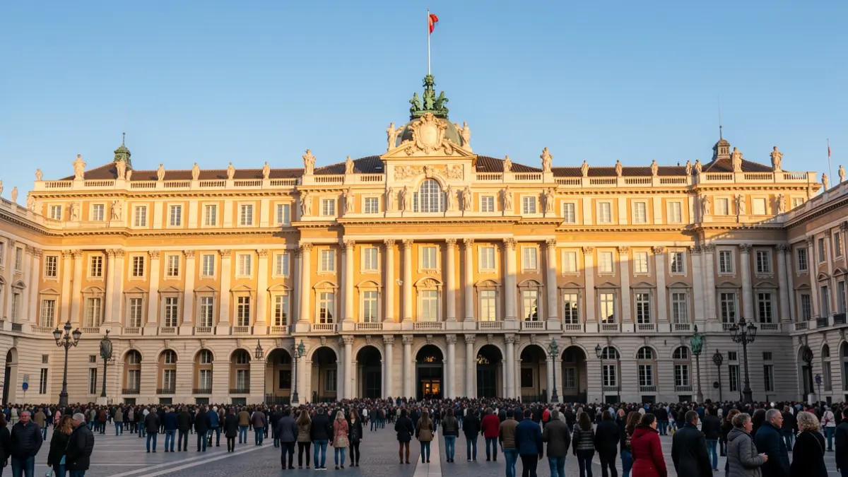 Facade of the Royal Palace of Madrid during a papal visit.