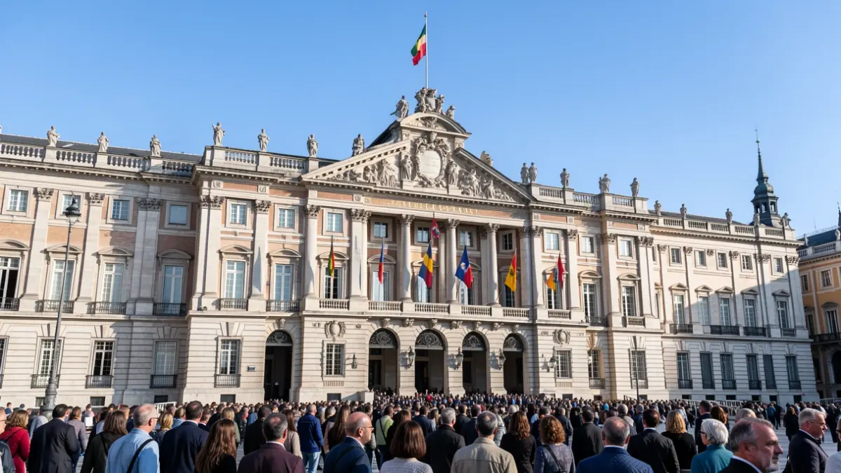 Facade of the Royal Palace of Madrid during the Pope's visit.