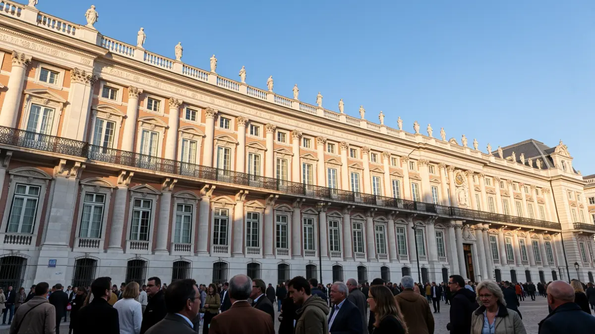 Fachada del Palacio Real de Madrid con arquitectura ornamentada y balcones, bañada por la cálida luz del sol de la tarde, con un cielo azul despejado.