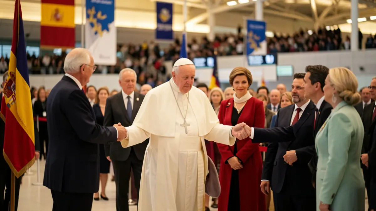 Pope Leo XIV arrives in Madrid and is received by the King and Queen and the Prime Minister.