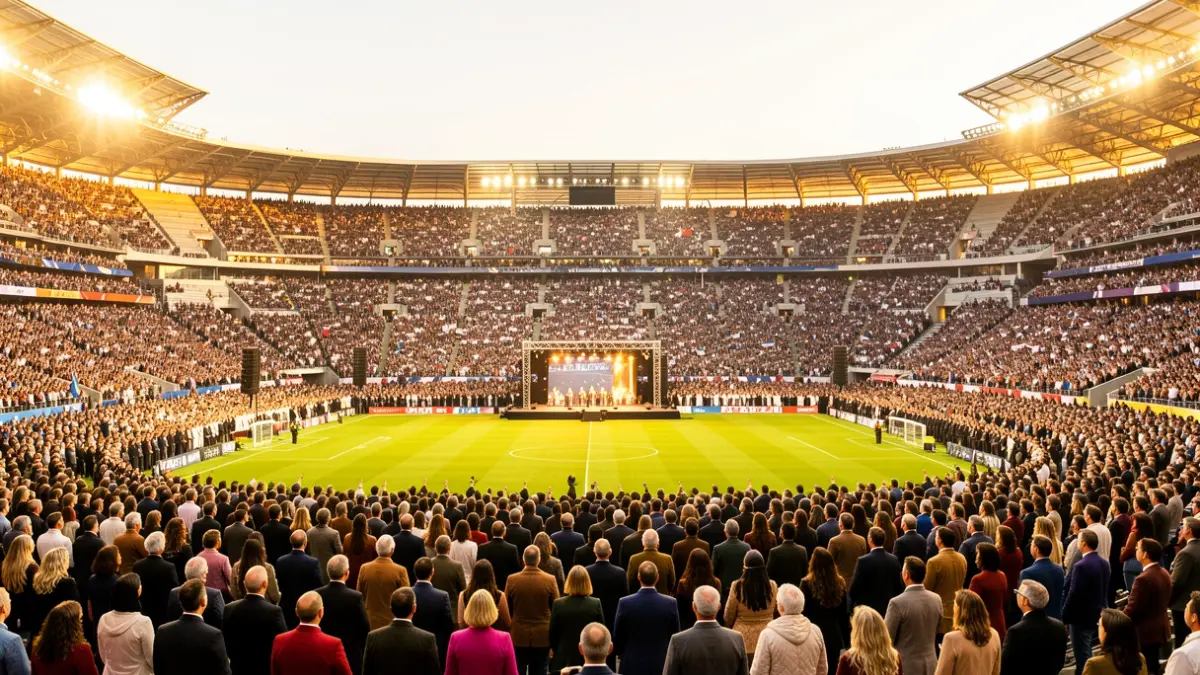 Image of the Santiago Bernabéu Stadium prepared for a large religious gathering with thousands of attendees.