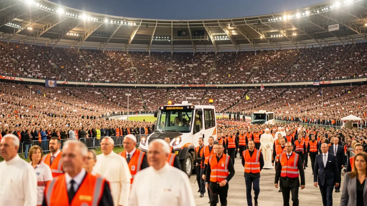 Massive congregation at the Santiago Bernabéu stadium during the Pope's visit to Madrid.