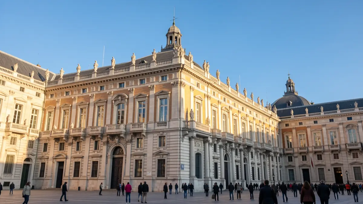 Facade of the Palacio Real in Madrid with afternoon light and blue sky.