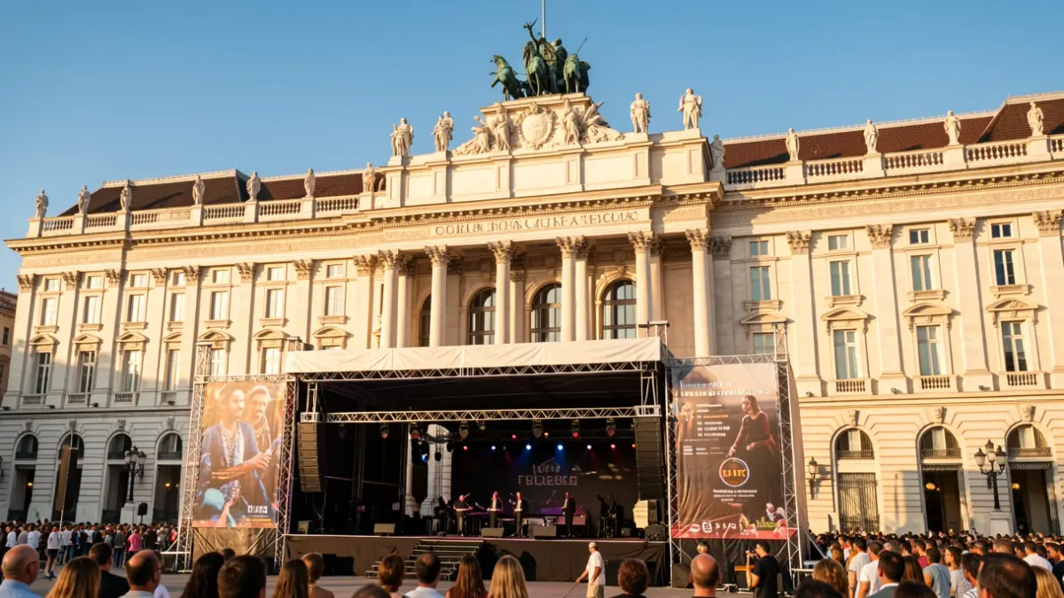 Facade of the Palacio de Cibeles in Madrid with a stage set up for a public event.