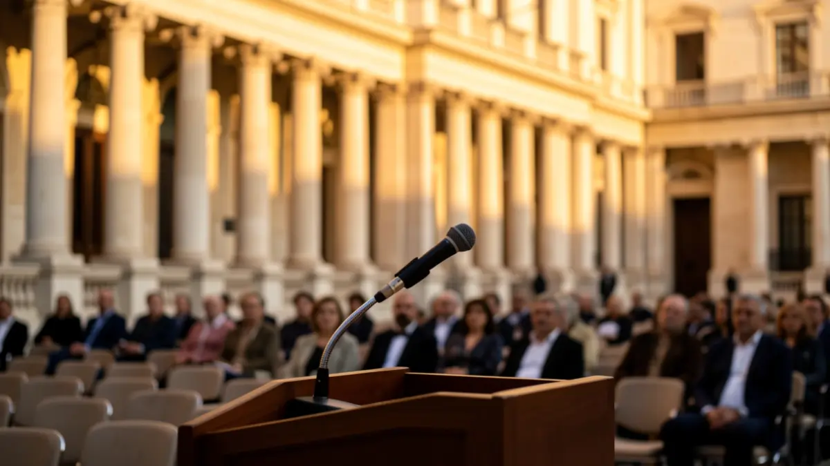 Facade of an institutional building with a microphone on a lectern.