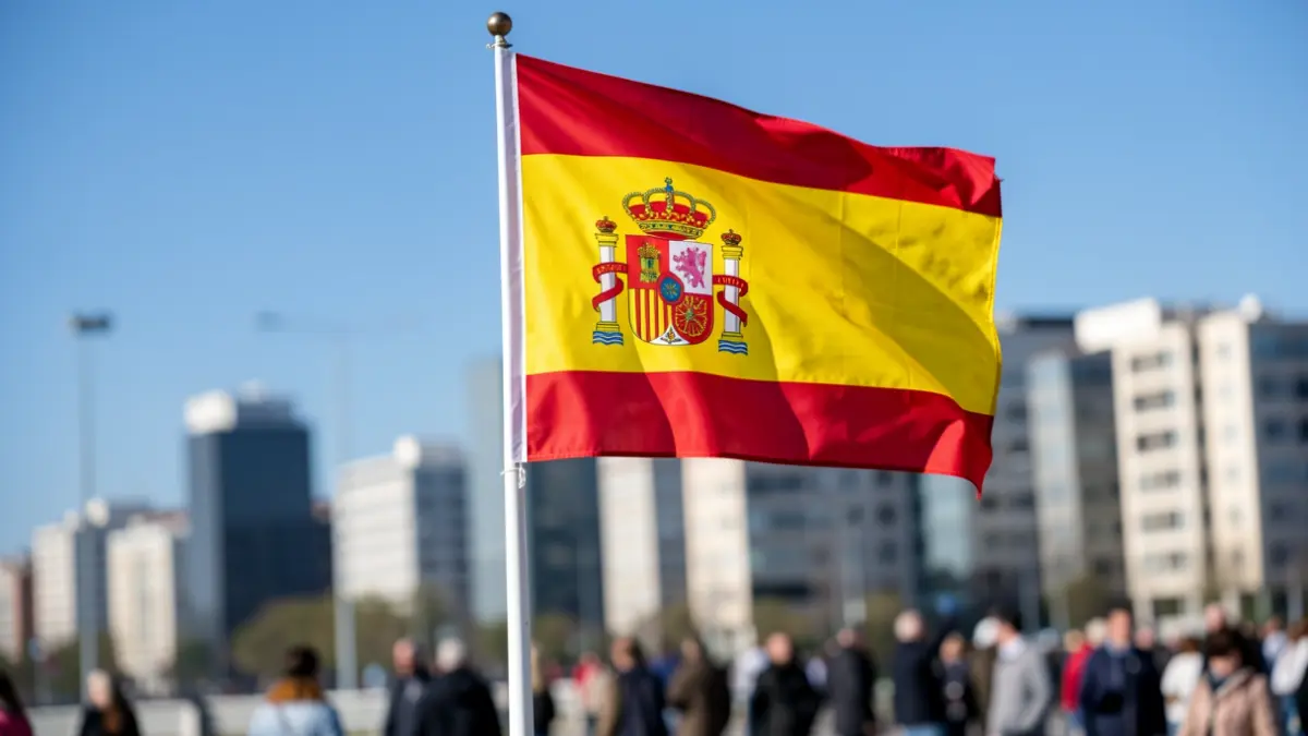 Bandera de España ondeando con el skyline de Madrid al fondo.